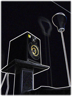 KRK V4 monitor and IKEA floor lamp with glowing edges